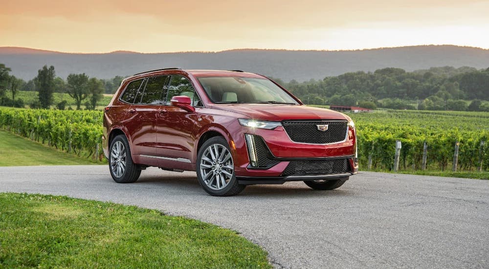 A red 2020 Cadillac XT6 is parked in front of a vineyard at sunset.