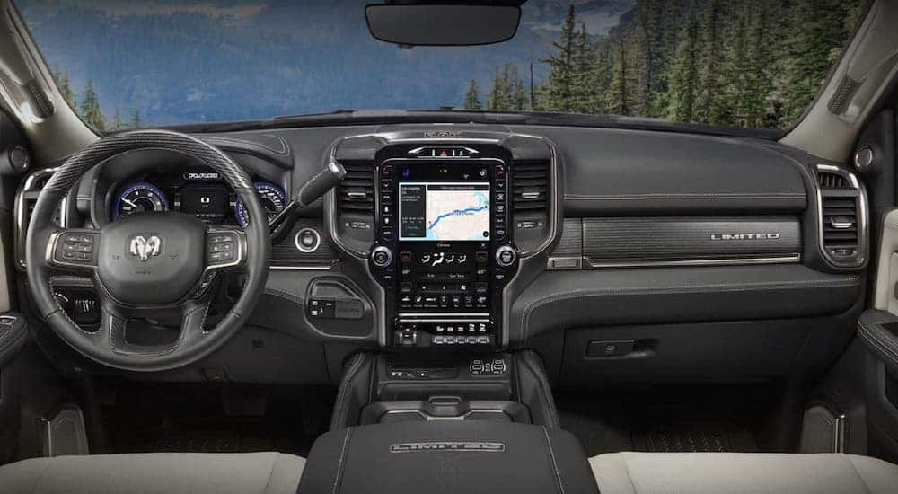 A look at the dashboard and front interior of a 2020 Ram 2500 Limited.