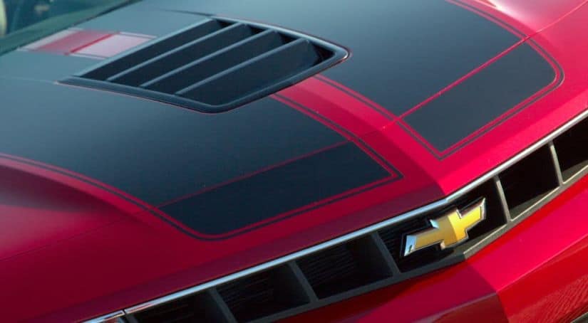 A closeup is shown of the red and black hood and grille on a 2015 Chevy Camaro SS.