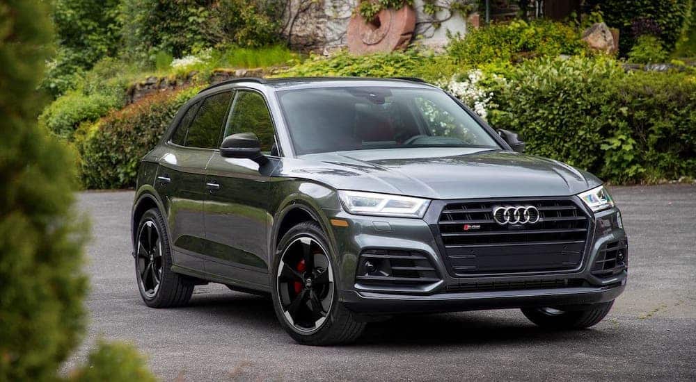 A dark green 2020 Audi SQ5 is parked in front of a hedge.