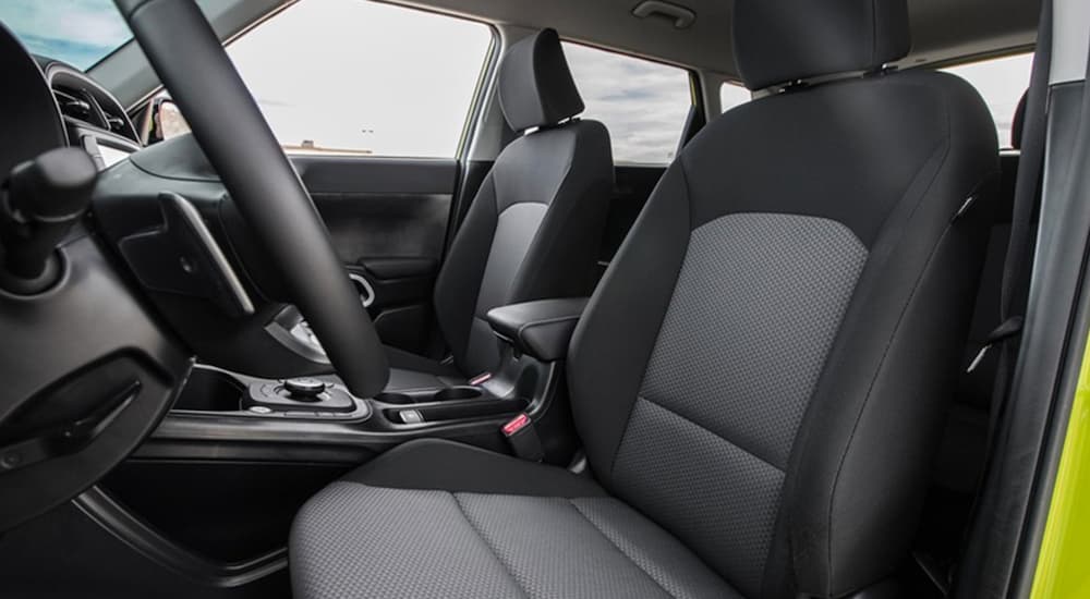 The black and grey interior of a 2021 Kia Soul EV is shown.