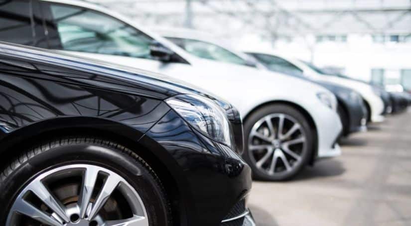 Black, white, and grey Certified Pre-Owned cars are in a line.