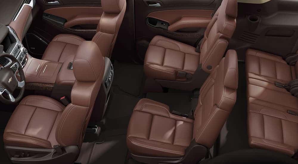 The brown interior of a 2020 Chevy Tahoe is shown from above.