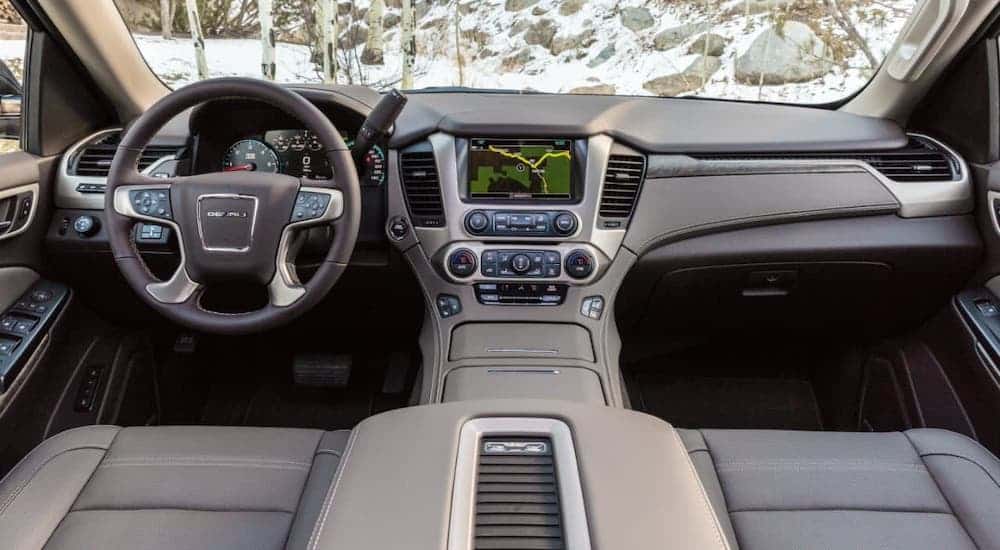 The gray interior is shown in a 2020 GMC Yukon Denali.