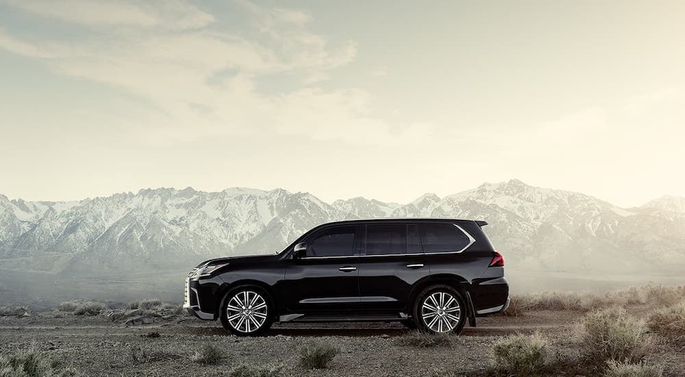 A black 2020 Lexus LX is parked with mountains in the distance and shown from the side.