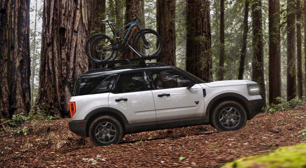 A white 2021 Ford Bronco Sport is driving in the woods with bikes on the roof.