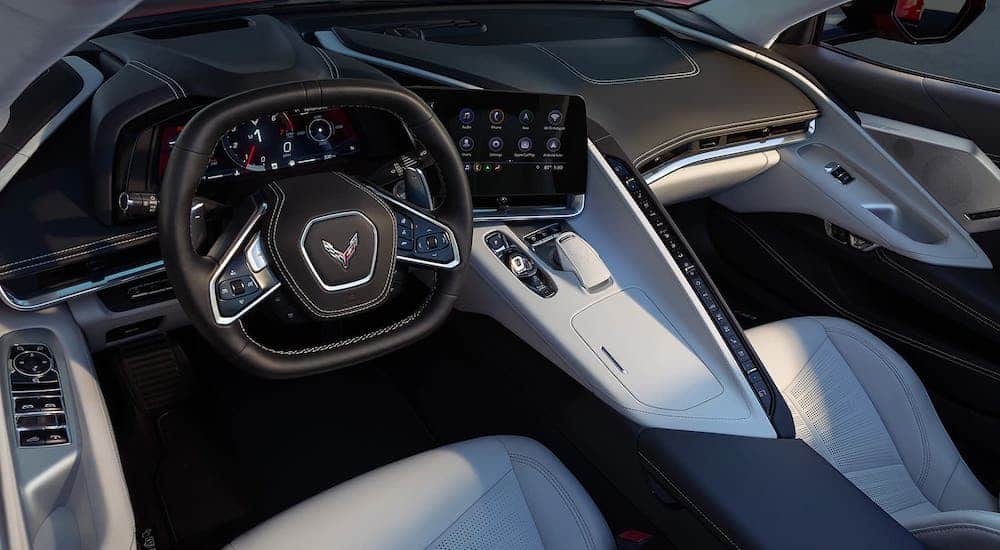The interior of a 2021 Chevy Corvette Stingray is shown, see one yourself at your local Chevy dealer.