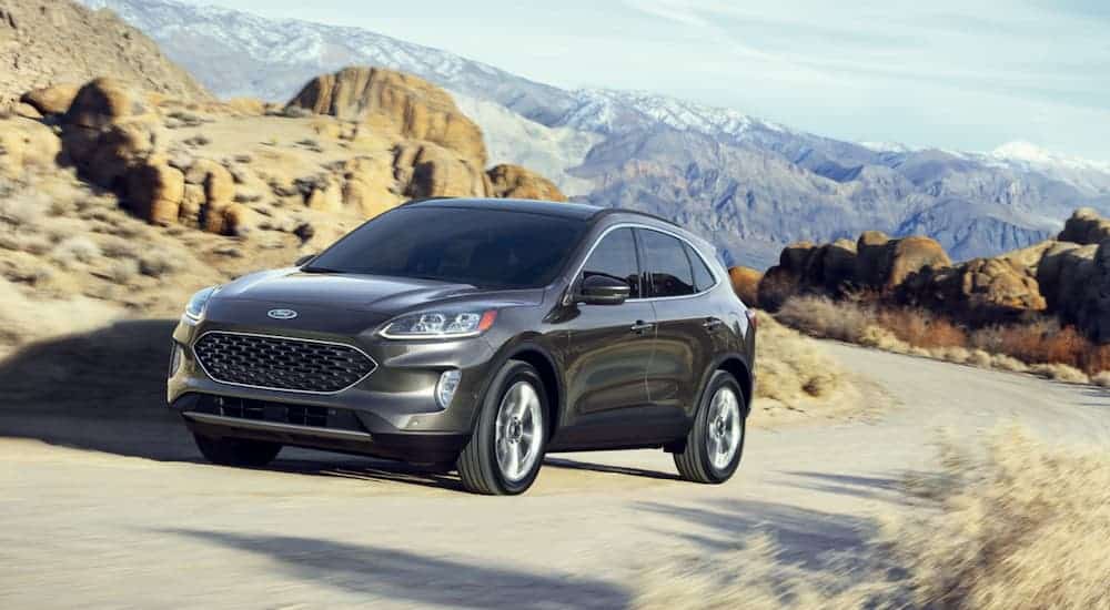 A grey 2020 Ford Escape is driving on a winding road through a mountainous area.