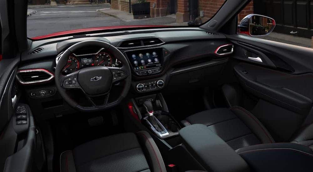 The black interior of a 2021 Chevy Trailblazer RS is shown.