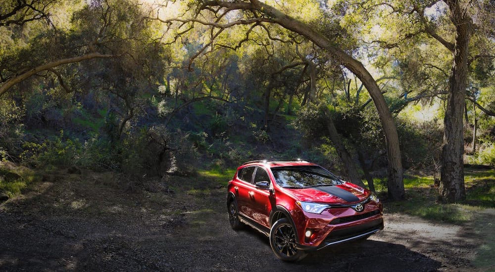 A red 2018 Toyota Rav4 is driving in the woods.