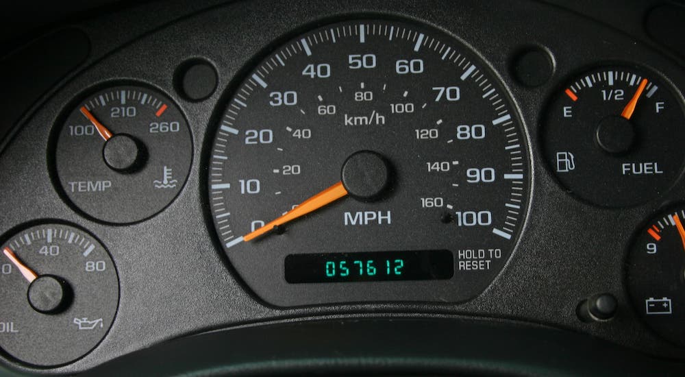 A closeup shows the odometer in a used car.