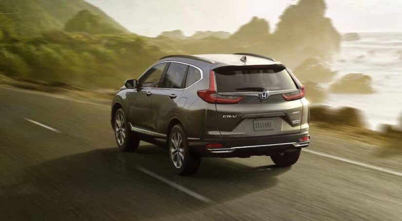 A grey 2020 Honda CR-V, which wins when comparing the 2020 Honda CR-V vs 2020 Chevy Equinox, is driving past an ocean inlet.