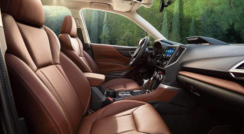 The brown interior is shown in a 2021 Subaru Forester.