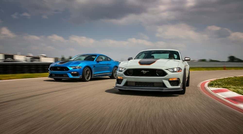 Two 2021 Ford Mustang Mach 1's, a blue and a white, are speeding around the racetrack.