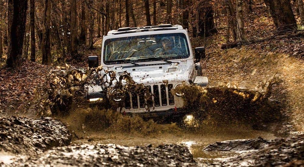 A silver 2021 Jeep Wrangler Rubicon is splashing through a huge mud puddle.
