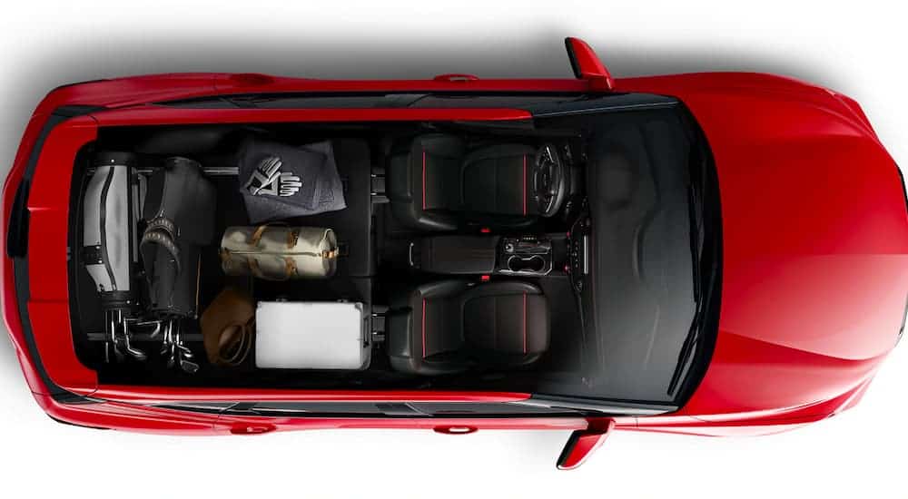 An aerial view shows the inside of a red 2021 Chevy Blazer.