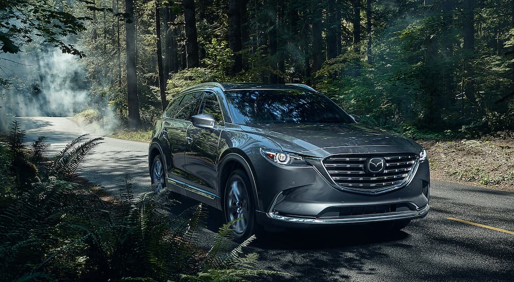 A grey 2021 Mazda CX-9 is driving on a wooded road with mist in the background.