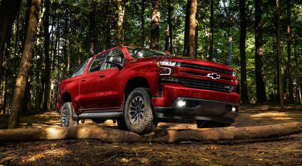 A red 2018 Chevy Silverado RST is parked in the woods.