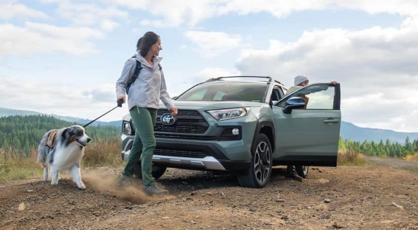 A pale green 2021 Toyota RAV4 Hybrid is parked on a hill with two women walking a dog.