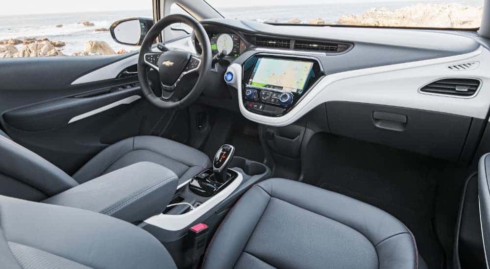 The two-tone gray interior of a 2021 Chevy Bolt EV is shown.