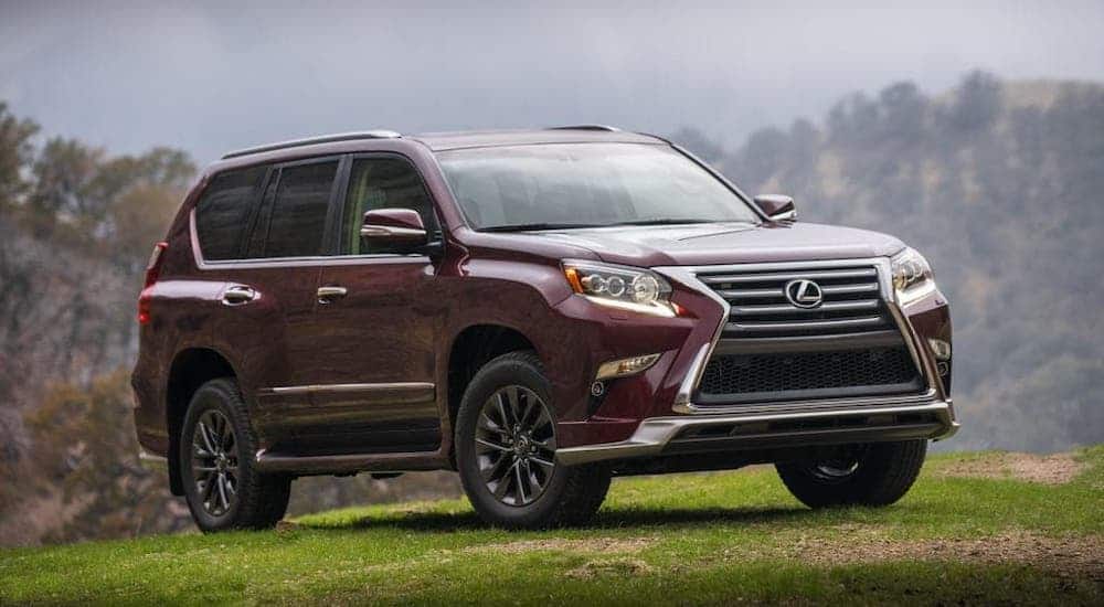 A red 2007 lexus GX is parked in a field in front of misty trees.