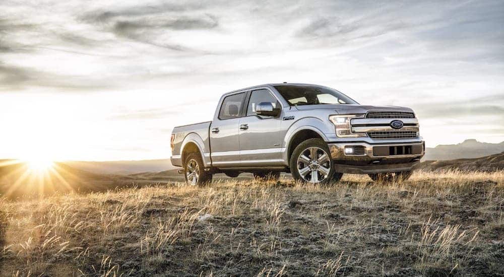 A silver 2018 Ford F-150 is parked on a hill.