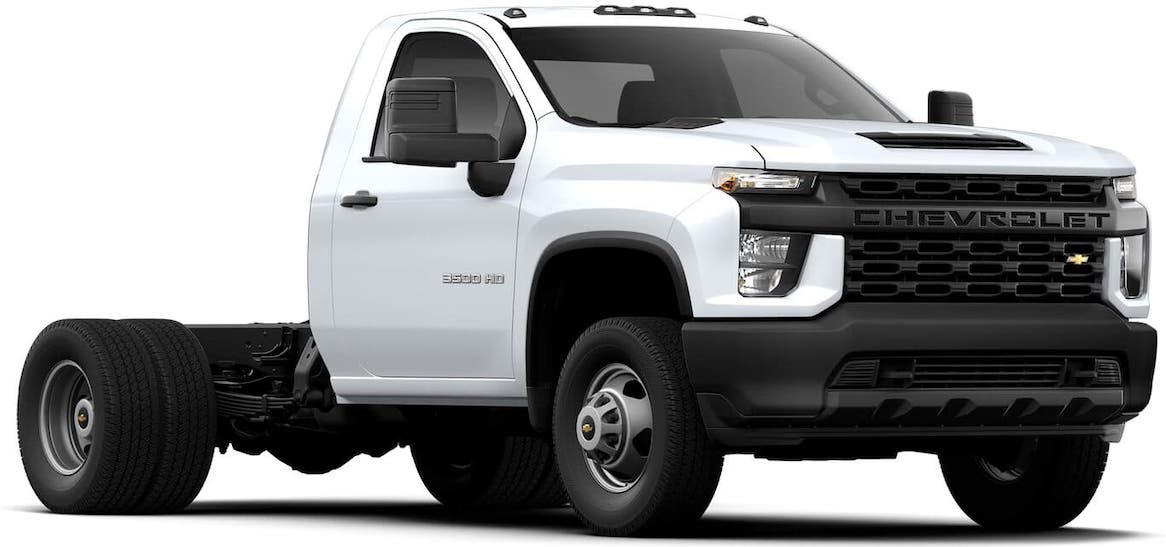 A white 2021 Chevy Silverado 3500 HD Chassis Cab with no bed is on a white background.