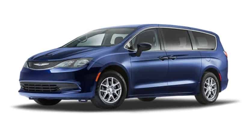 A blue 2021 Chrysler Voyager is shown from the front, angled left, against a white background.