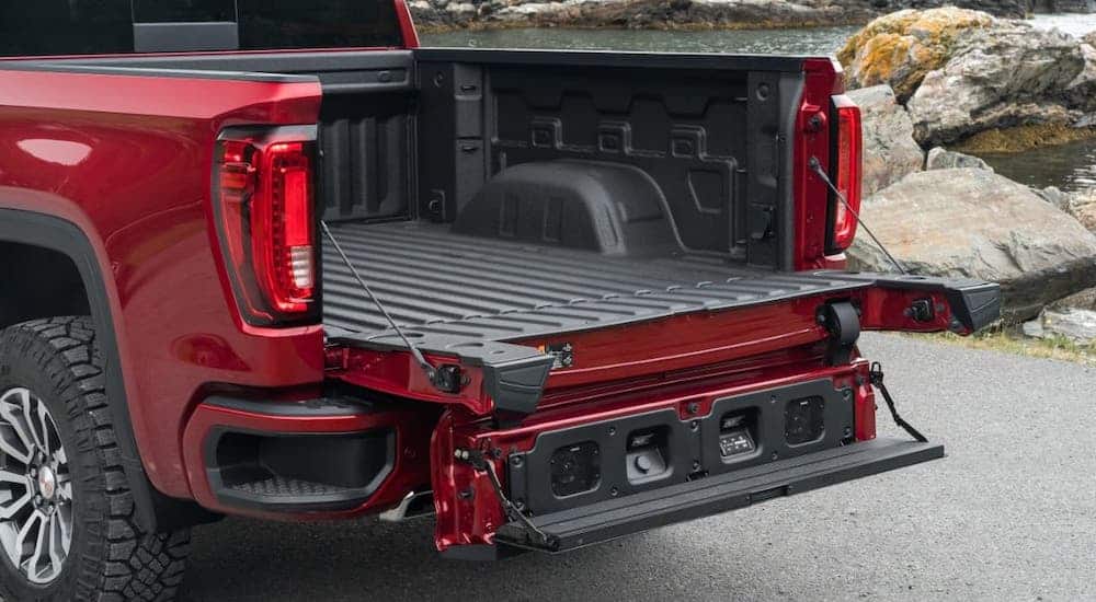 The MultiPro tailgate is shown on a red 2021 GMC Sierra 1500.