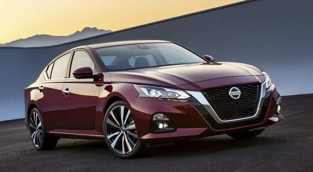 A popular used car, a dark red 2019 Nissan Altima, is in front of a gray wall.