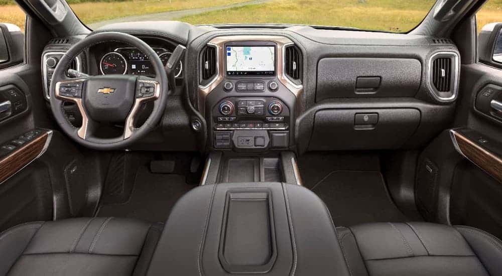 The gray dashboard of a 2021 Chevy Silverado 1500 High Country is shown.