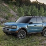 A blue 2021 Ford Bronco Sport 4-door is shown from the side parked on the grass.