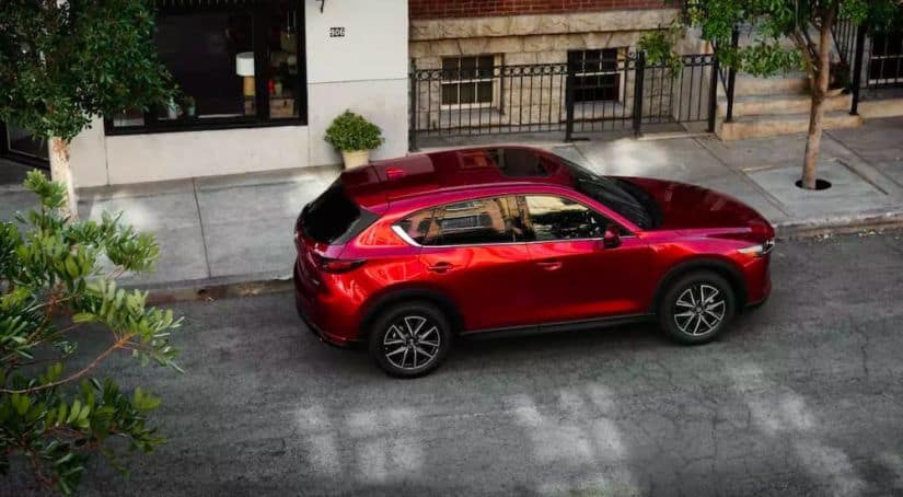 A red 2019 Mazda CX-5 is shown from a high angle parked on a city street.