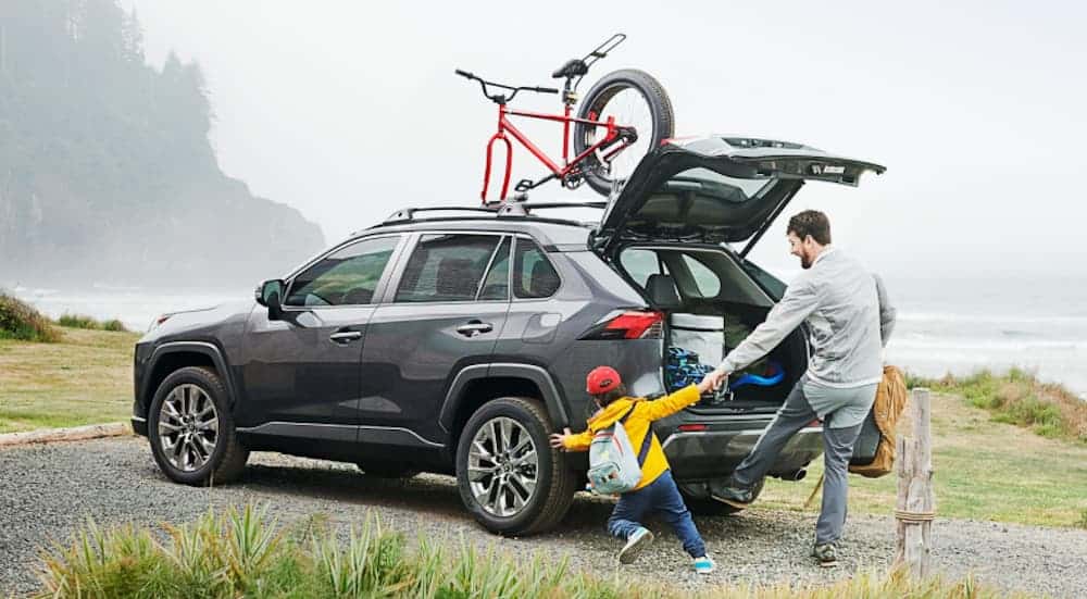 A father and son are at the back of a grey 2021 Toyota RAV4 with a bike on the roof at the ocean on a foggy day.