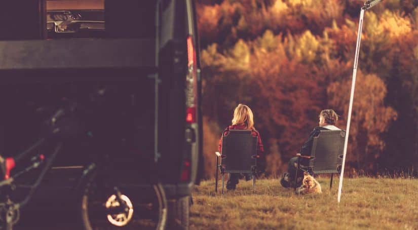 A couple and a dog are sitting outside a black camper van that they bought from a commercial vehicle dealer.