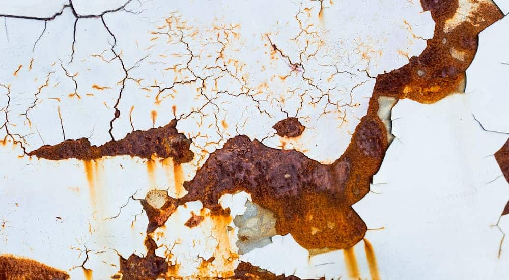 A close up shows rust and cracked paint on a vehicle.