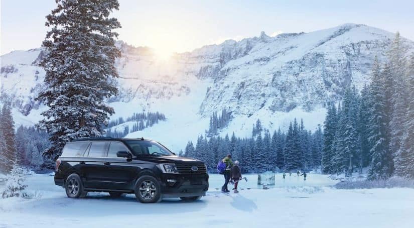 A black 2021 Ford Expedition STX is parked in the snow with mountains in the background.