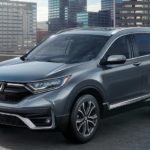 A dark grey 2021 Honda CR-V is parked on an overpass in front of a city.