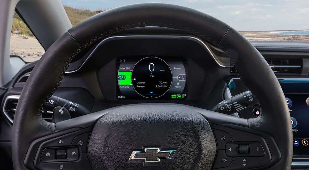 The interior of a 2022 Chevy Bolt EV shows the steering wheel.