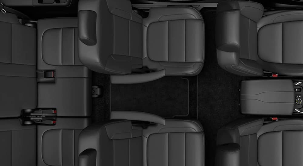 The interior of a 2021 Chevy Traverse shows three rows of seating.