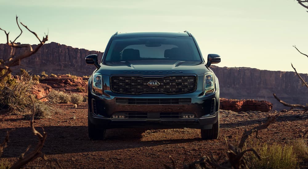 A red 2021 Kia Telluride is shown from the front parked in the desert.