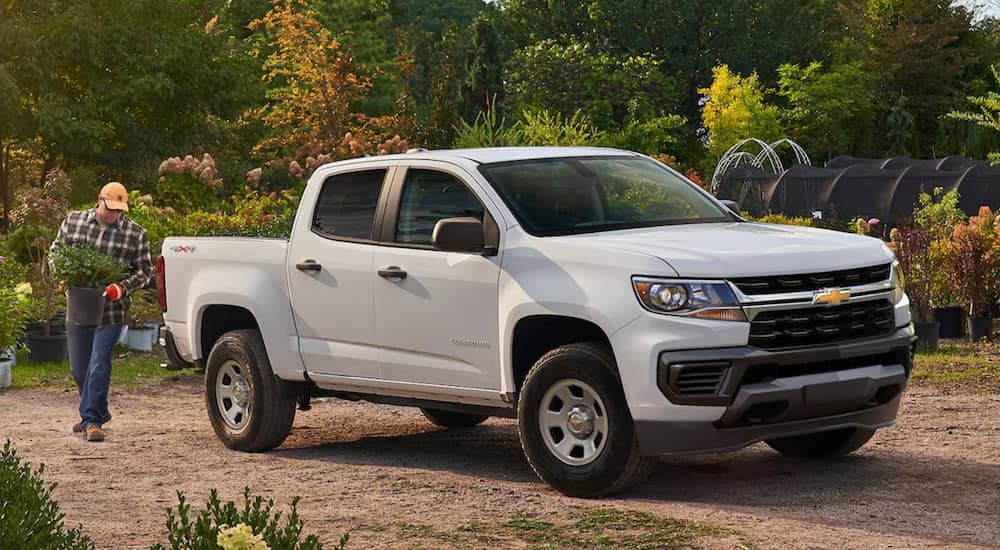 A white 2021 Chevy Colorado is parked near a garden as a man loads the trunk.