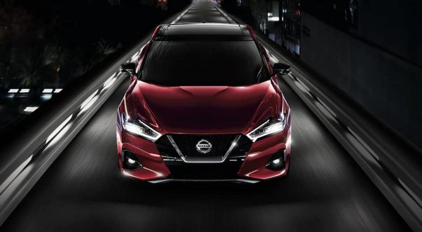 A red 2021 Nissan Maxima is shown from the front driving at night.
