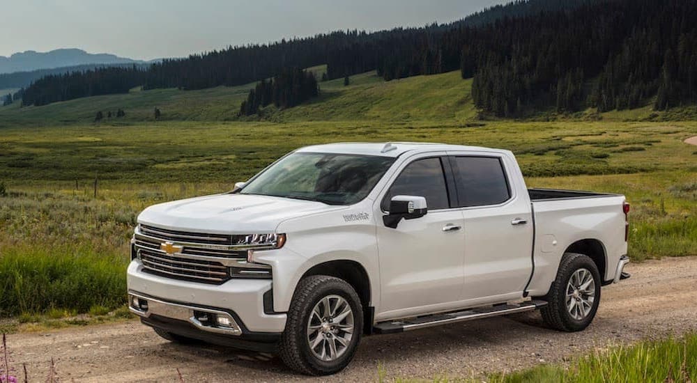 A white 2019 Chevy Silverado is parked on a dirt road overlooking a field and mountain range.