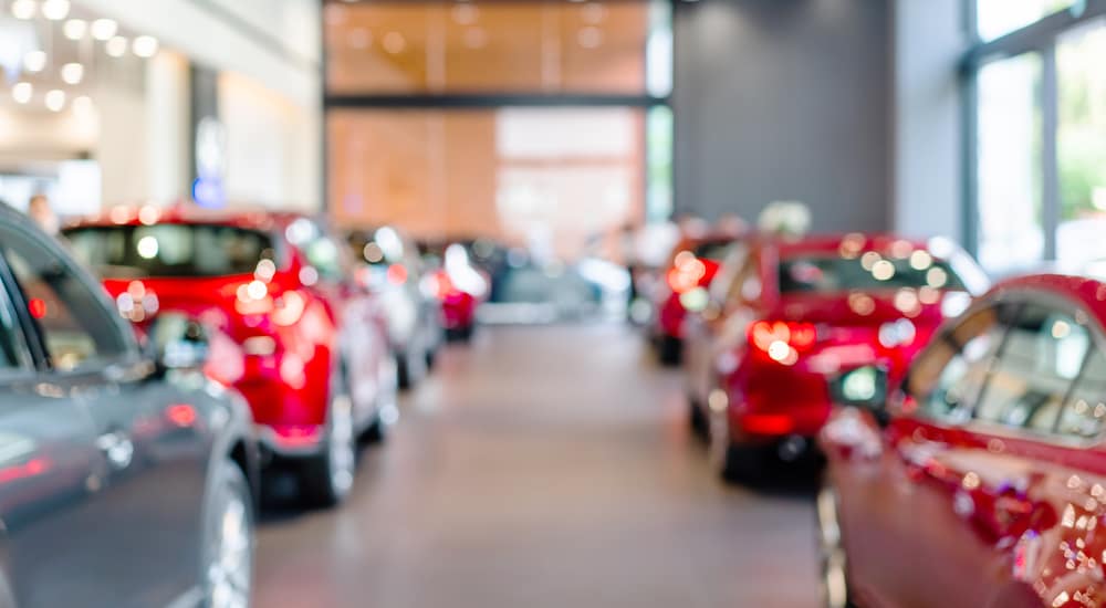A blurred image shows a showroom full of cars.