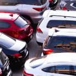 A used car lot is shown from above.