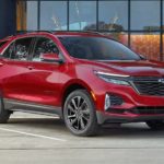 A red 2022 Chevy Equinox is shown parked in front of a modern building.