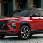 A red 2022 Chevy Trailblazer RS is shown parked in a city.