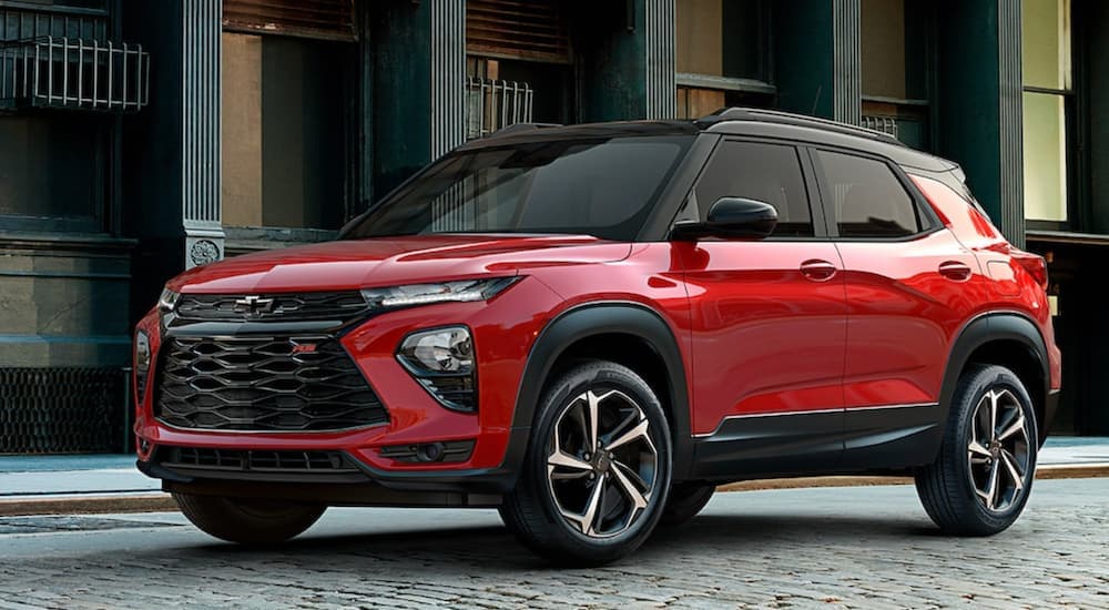 A red 2022 Chevy Trailblazer RS is shown parked in a city.