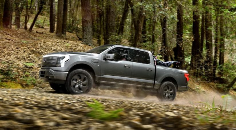 A grey 2022 Ford F-150 Lightning is shown from the side off-roading in the woods after winning a 2022 Ford F-150 Lightning vs 2022 Tesla Cybertruck comparison.